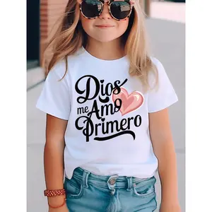 Girls' Summer Fashion Short Sleeve T-Shirt, "Dios Me..." Letter Print Casual Versatile Sports Top, Shirts for Girls, NY-DX5371