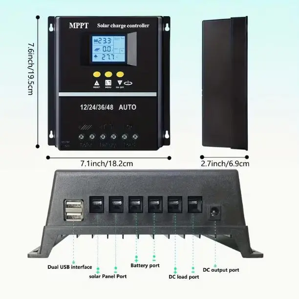 100A MPPT Solar Charge Controller with LCD Display, 12/24/36/48V, Works with Lead-Acid, Lithium Iron Phosphate, Lithium Ion Batteries, for Off-Grid Systems, RVs, Multifunctional, Compatible with Solar Panel (Battery Not Included)