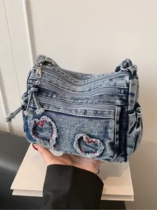 Japanese Kawaii Light Blue Washed Denim Crossbody Bag with Frayed Hem Heart Embroidery Multi Pocket Stylish Shoulder Bag for School Commute