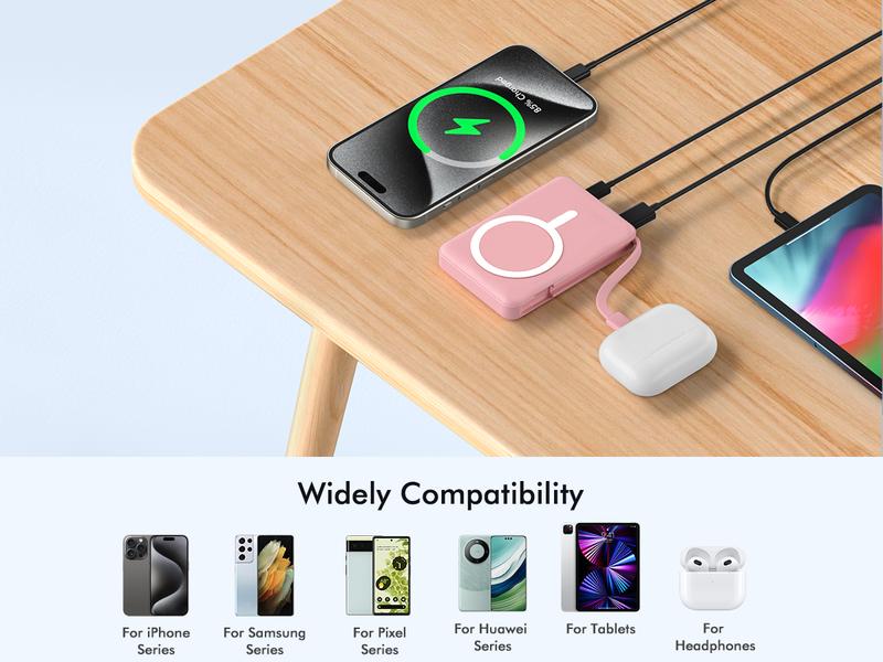 Podoru Multifunctional 10000mAh Power Bank, Wireless Magnetic Travel Charger Built-in USB C Lighting Cable, MagSafe for iPhone 17/16/15/14/13/12 Series