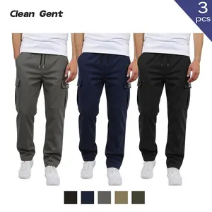 Clean Gent 3-pack men’s solid-color cargo pants with drawstring elastic waist—simple, premium design; casual long pants for everyday wear; suitable for all seasons and machine washable.