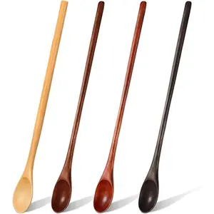 4 count 13 Inch Long Handle Wooden Spoons for Cooking Long Handle Tasting  Spoon Wooden Utensils  Stirrer for Kitchen Soup Coffee  Honey Mixing Stirring, 4 Colors