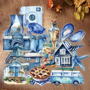 50 Watercolor Summer Beach Stickers, Blue Vacation Theme Decals, Waterproof Luggage Decoration Set, Perfect for Travel Accessories