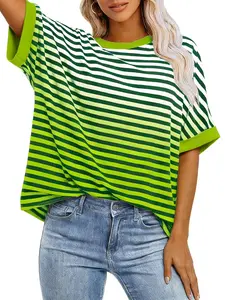 Fashion Ombre Stripe, Striped Oversized T-Shirt Plus Size Casual Short-Sleeve Loose Fit Tops, Soft Breathable Fabric, Y2K Clothes Summer Outfits, Comfortable Streetwear Tops, Stylish Contrast Cuff Detail Party Casual T-shirt