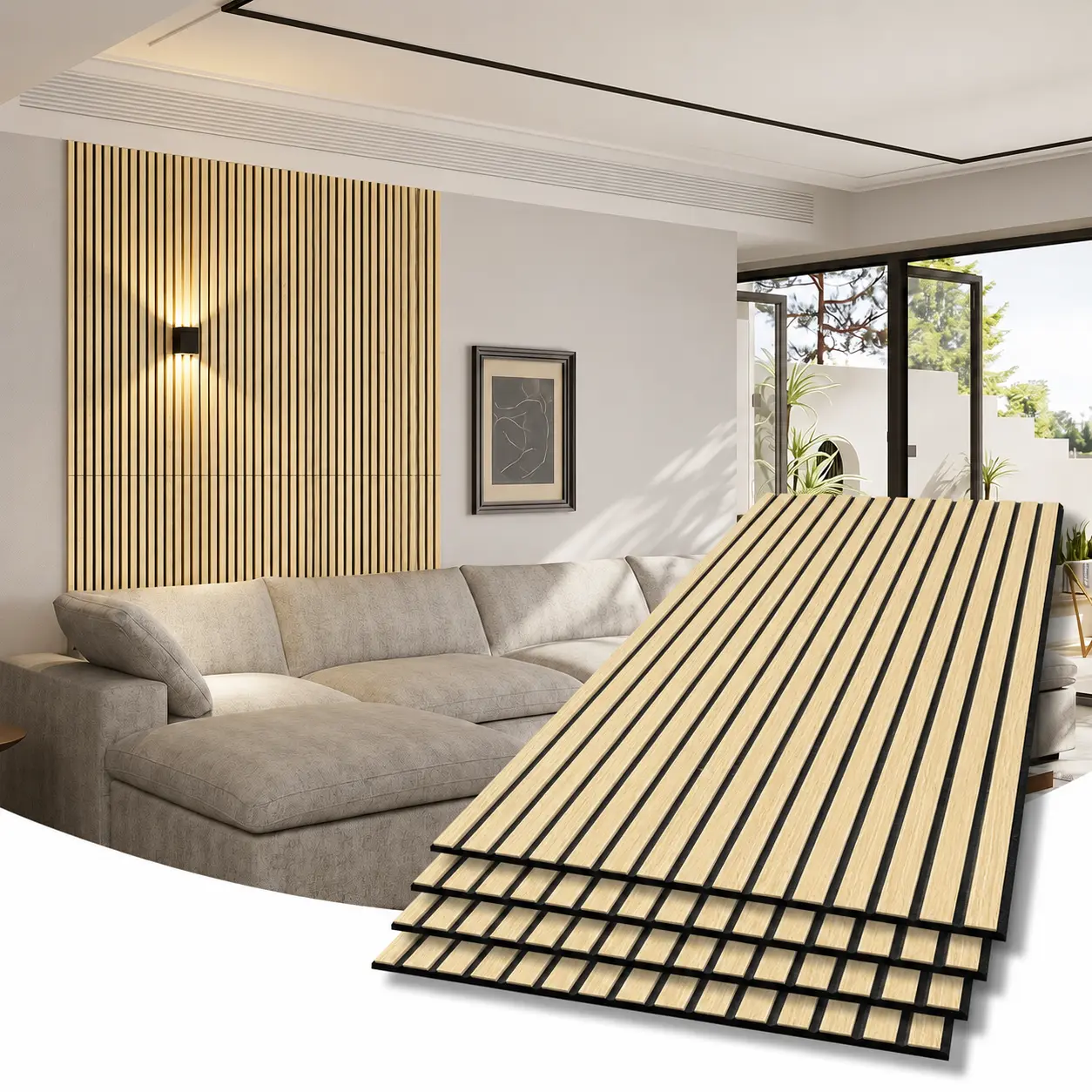 THSTAR Self-Adhesive Oak Wood Veneer Acoustic Wall Panels, V-Groove PET Sound Absorbing Panels, 4 Pack, 23.6" x 47.2", Modern Wood Wall Decor for Home Office