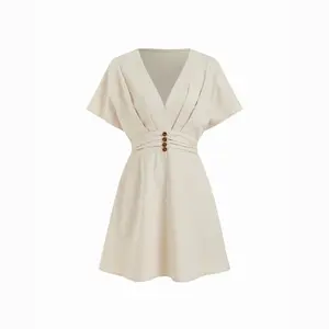 Cider Linen-blend V-neck Batwing Sleeve Ruched A-line Mini Dress