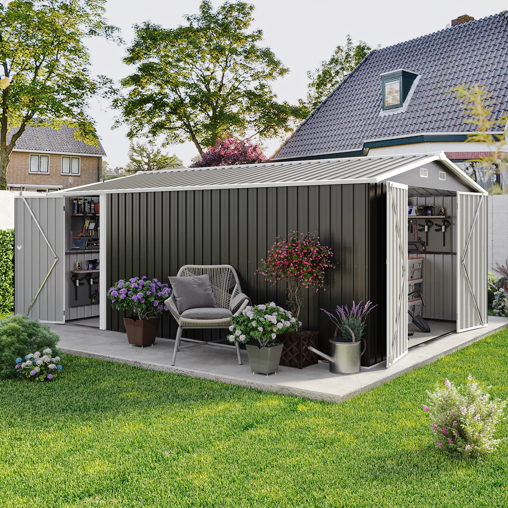 10x14 FT Sturdy 0.25mm Steel Plates Metal Storage Shed, Contemporary Outdoor Patio/Backyard Utility Building, 3 Lockable Doors, 4 Air Vents, Sloped Roof, Weatherproof, Windproof, Protective Film for Scratch-Free Finish (Lawn Mower, Bike Storage)