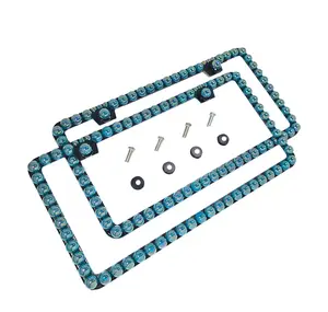 Dazzling Addiction 2 3D Bling License Plate Frames Big Chunky Teal AB Pearls on Black Frame Made in USA Handmade 1 Row Holder Screw Caps Personalizable Customizable Customized Bedazzled Sparkly Gift for Her Girls Women 2 Holes Crystals Diamond
