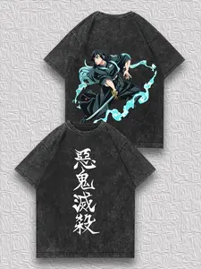 valentine shirts Men's Anime Vintage Distressed Double-Sided T-Shirt - Demon Slayer Muichiro Tokito "Demon Extermination" Print, Niche Retro Anime Top
