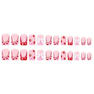 24Pcs Strawberry French Tips Press on Nails Medium Square with Bow-Knot Rhinestones Design Strawberry Acrylic Coffin Reusable Fake Nails for Women Girls Fingernails Decoration SHIQIXIANNV