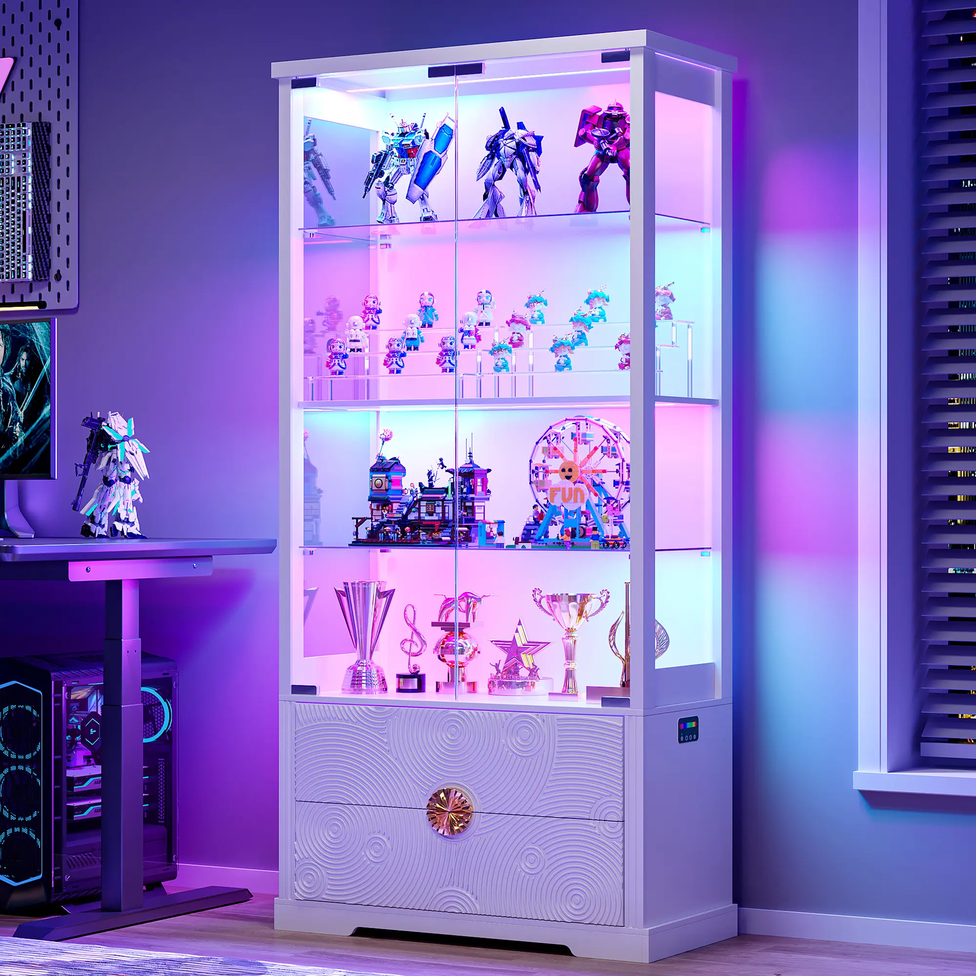 Dystler RGB High-Transparency Glass Display Cabinet with Door, 4-Tier Drawer-Equipped Storage Curio Cabinet with 2 Drawers, Adjustable Glass Height, 3 LED Lights and Human Body Sensor, Drawer-Equipped Glass Cabinets, High-Transparency Glass Cabinets