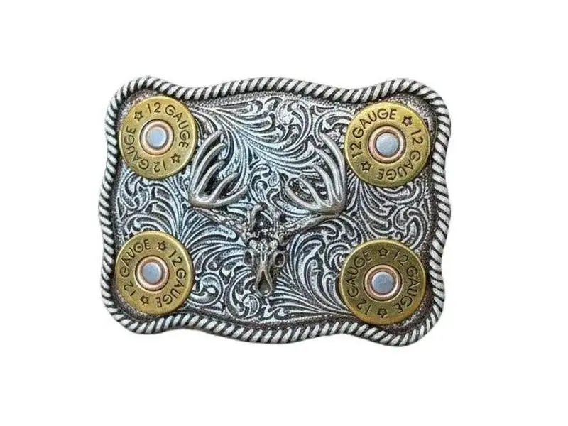 Nocona Belt Co Men's Western Cowboy Metal Belt Buckle - Rectangle Shape, Rope Edge, Shotgun Shell Accents, Buck Accents, Men's Fashion Accessory, Cowboy Belt Buckle