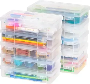 (10-Pack) Plastic Pencil Case Box Craft Hobby Art School Supply Storage Organizer Container with Latching Lid, 10-Pack, for Bead Pens Ribbons Tape Sticker Yarn Ornaments, Stackable, Clear, Medium