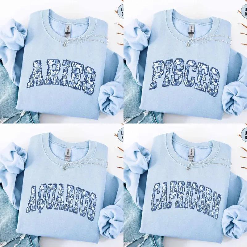 Custom Zodiac Sweatshirt - Light Blue, Cute Horoscope Astrology Graphic Sweatshirt, Unisex Crewneck Sweatshirt, Personalized Zodiac Energy Gift for Birthday, Star Sign Lovers, Celestial Sweatshirt - AL