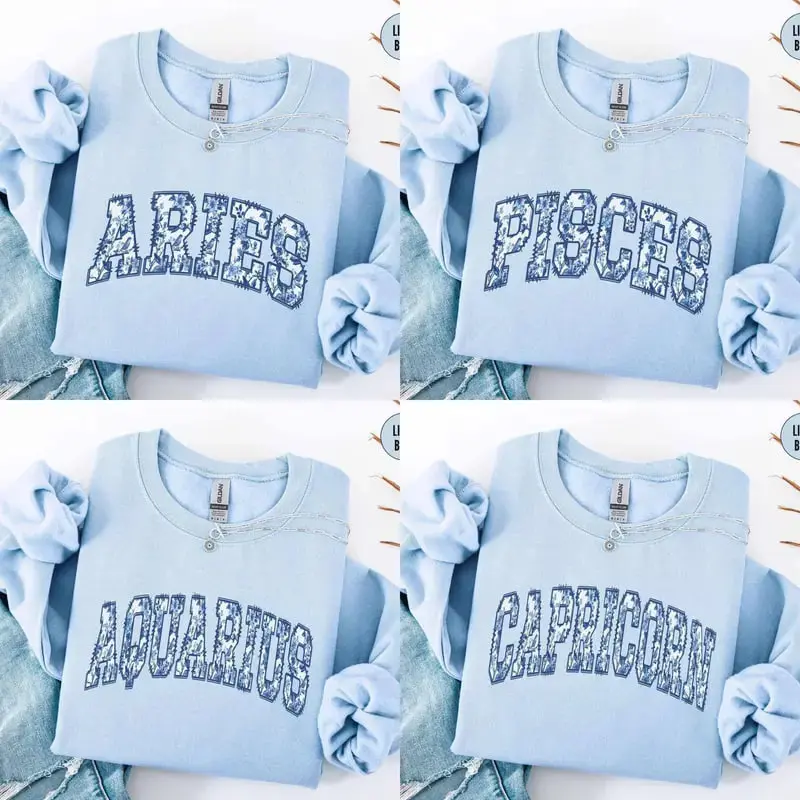 Custom Zodiac Sweatshirt - Light Blue, Cute Horoscope Astrology Graphic Sweatshirt, Unisex Crewneck Sweatshirt, Personalized Zodiac Energy Gift for Birthday, Star Sign Lovers, Celestial Sweatshirt - AL