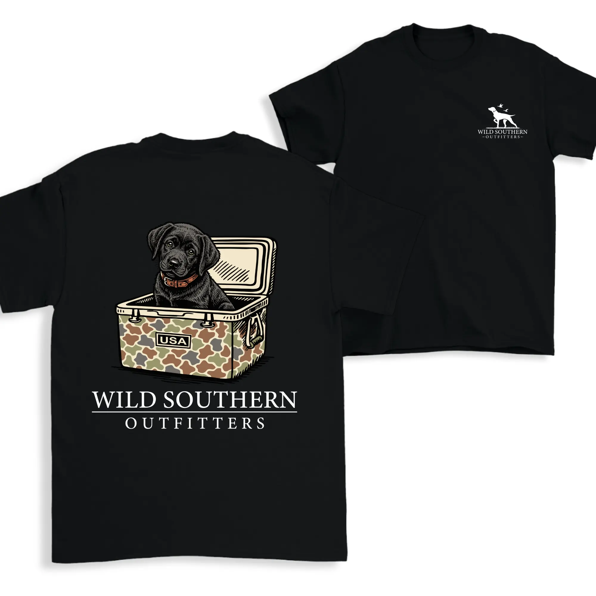 Hunting Dog Cooler Tee, Retro Black Labrador Retriever Shirt, Camouflage Ice Chest Graphic T-Shirt, Southern Lifestyle Clothing, Dog Dad Gift