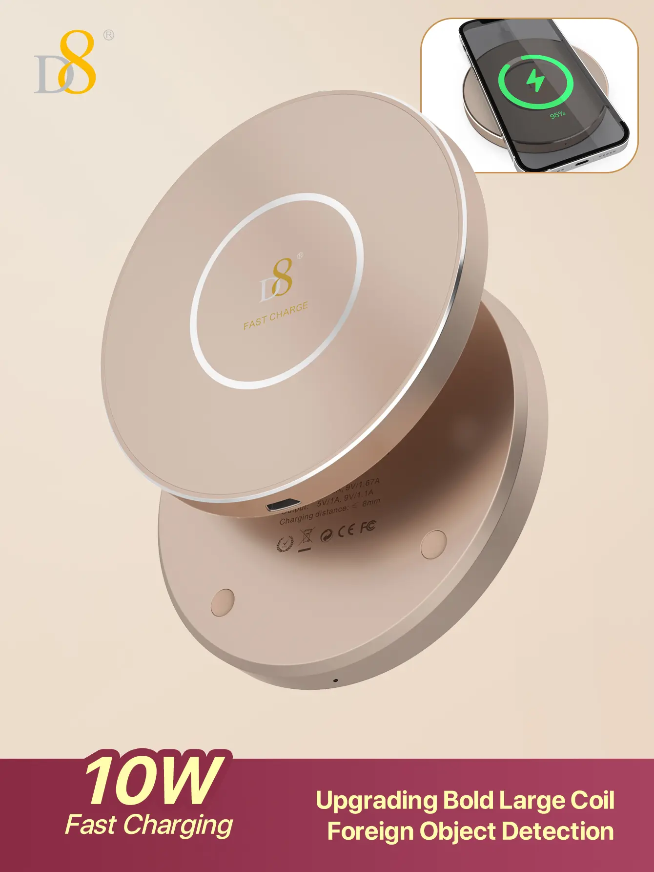D8 10W Qi Wireless Charging Pad with Foreign Object Detection, Case-Friendly Fast Charger for Qi-Enabled Smartphones, Rose Gold