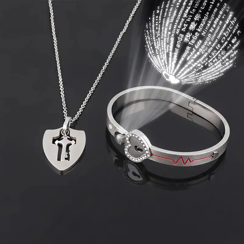 1 pair Couple Jewelry Set Heart Lock Bracelet and Necklace, Projecting "I love you" in a hundred languages, Gift for Valentine's Day, Perfect for Boyfriend Girlfriend