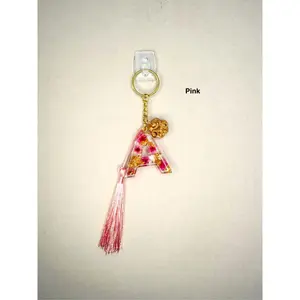 Handmade Alphabet Letter Keychain with Real Flowers & Gold Accents Includes Tassel & Pet Paw Charm Pink Letter A