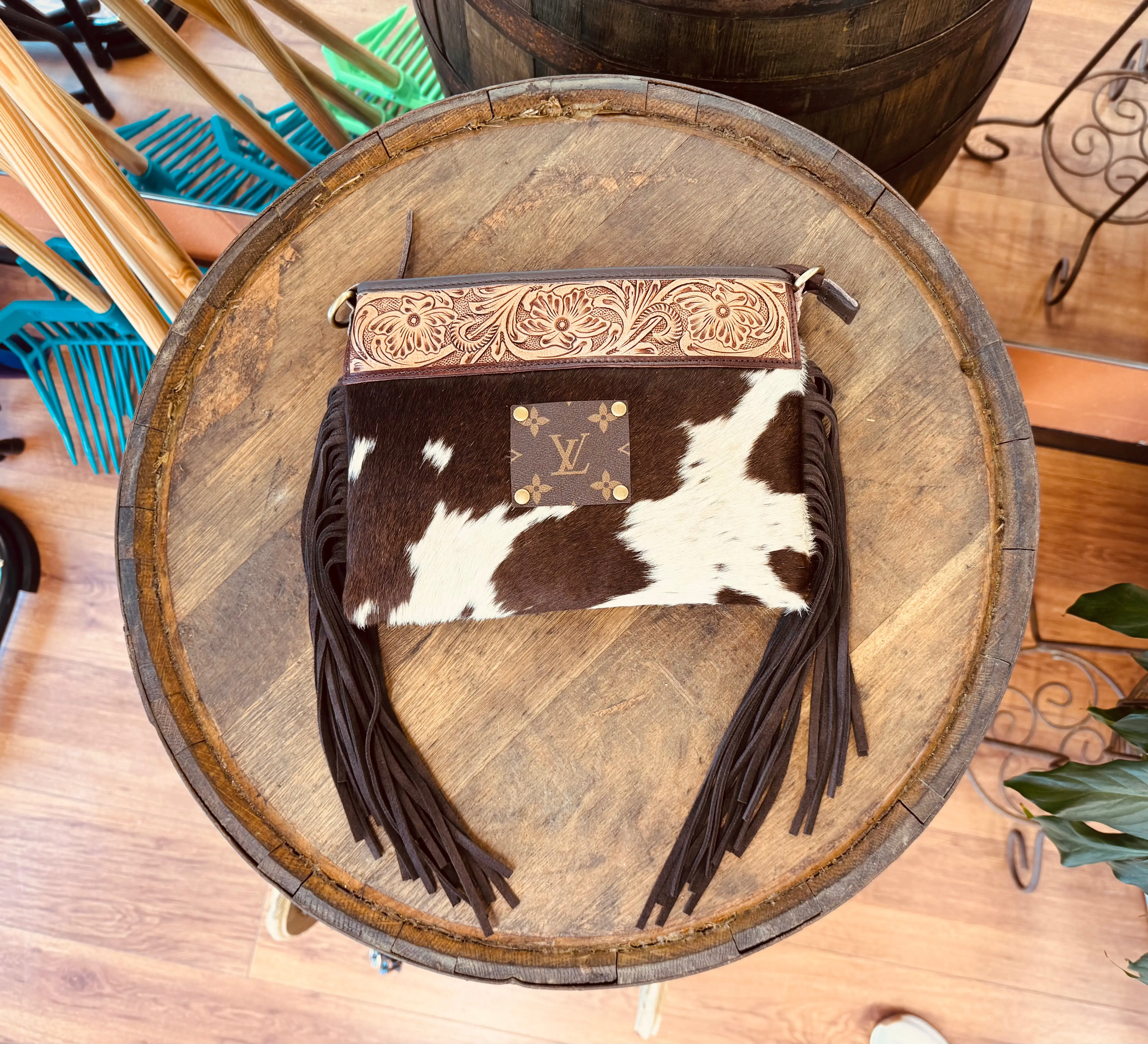 Upcycled LV Tooled Leather Cowhide Fringe Crossbody Bag