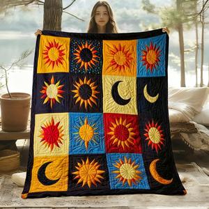 sun & moon pattern quilted throw blanket, 1 count vintage style soft warm napping blanket, lightweight blanket for home sofa bed camping travel
