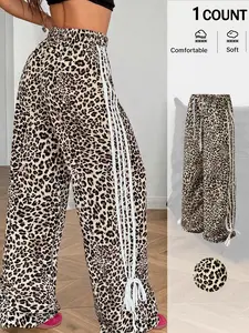 Women's Leopard Print Sweatpants Side Stripe Wide Leg Pants Y2K Streetwear Baggy Trousers with Bow Hem, Drawstring, Track Pants High Waist Loose Fit Casual Joggers Lounge Trousers, Casual Sporty Trousers
