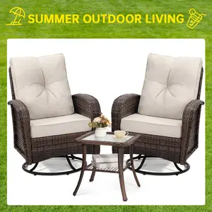 【Crazy Price】3-Piece Outdoor Patio Swivel Rocking Chair Set – All-Weather Wicker Furniture with Tempered Glass Table, Deck, Poolside – Comfortable Swivel Gliders tiktokshopspringglowup,summervibes