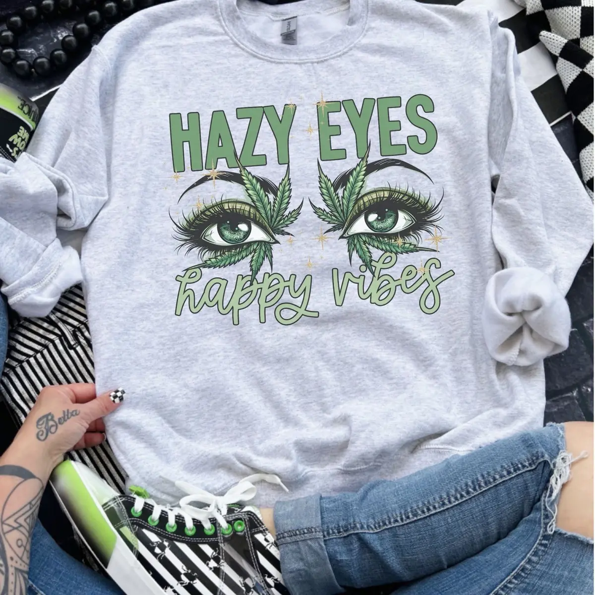 Hazy Eyes Happy Vibes Sweatshirt , Ash Grey Sublimation Clothing, Soft Fabric Long Sleeves Jersey Sweatshirt