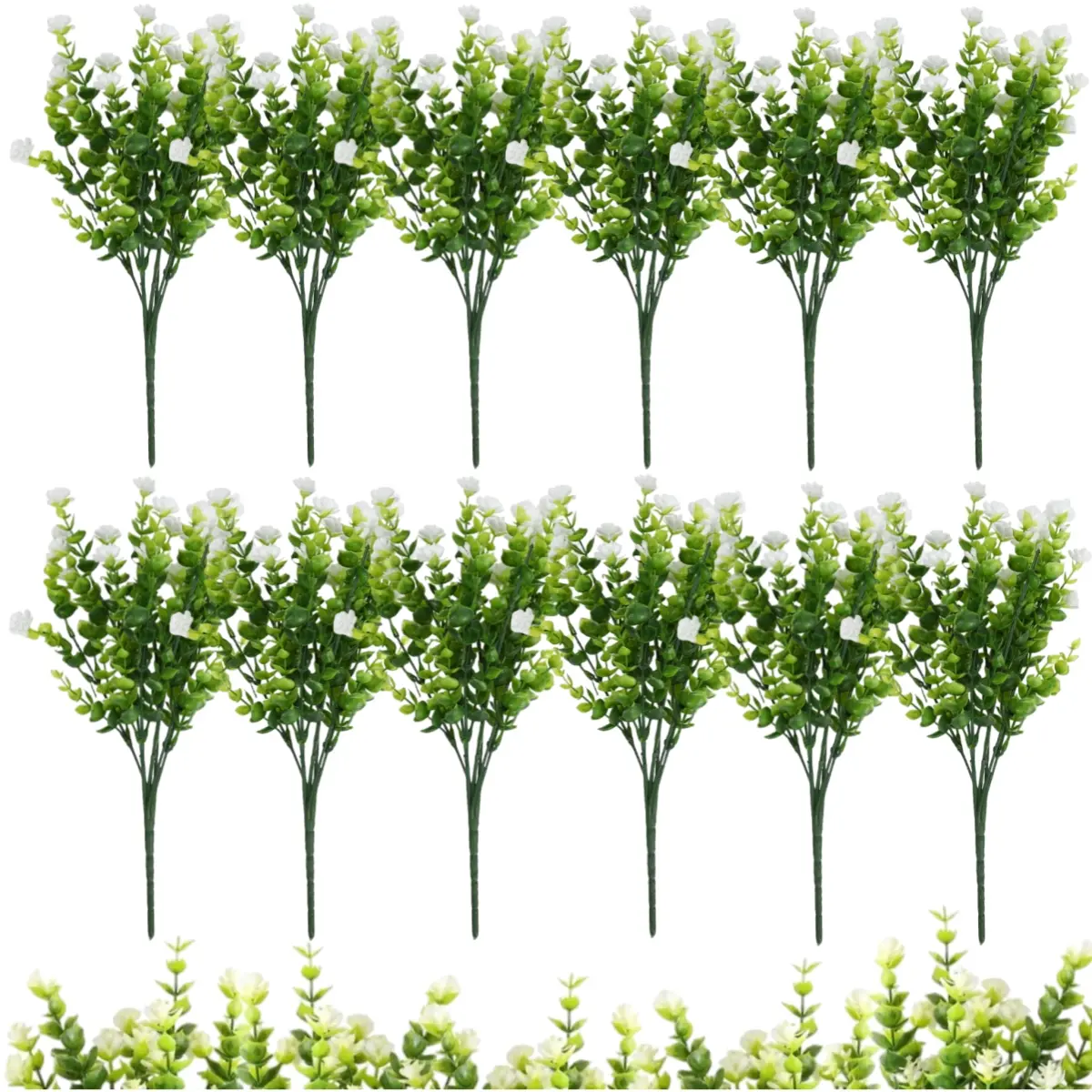 A Set of 12/6 Bundles Artificial Flowers for Outdoor,Fake Eucalyptus Plants with White Buds,UV Resistant Plastic Greenery Faux Bush Shrubs for Garden,Window Box,Porch Decor,Halloween Christmas PartyFathersdaygift,Hand Tools Kits