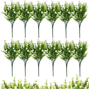 A Set of 12/6 Bundles Artificial Flowers for Outdoor,Fake Eucalyptus Plants with White Buds,UV Resistant Plastic Greenery Faux Bush Shrubs for Garden,Window Box,Porch Decor,Halloween Christmas PartyFathersdaygift,Hand Tools Kits