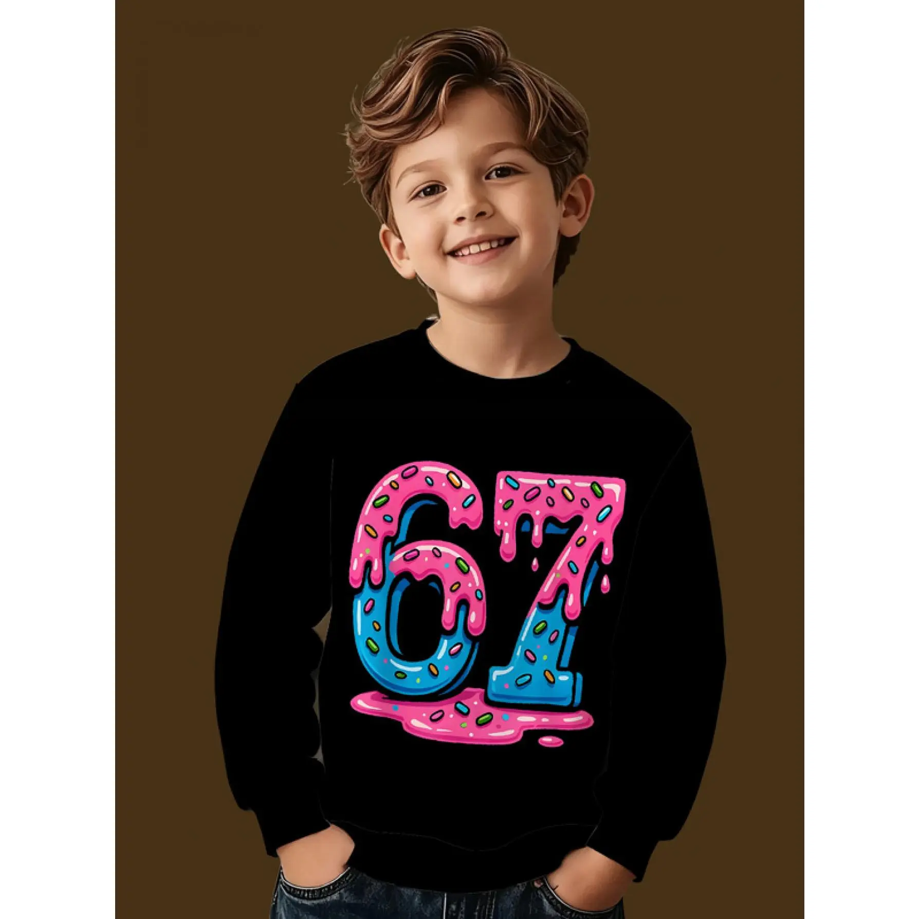 & 67 Number Print Sweater - Cute Ice Cream Drip & 67 Number Design Round Neck Pullover, Casual Long Sleeve Sweater for Spring/Fall, Machine Washable Sweater for & Playdates (67 Six Seven Series) - Unisex &