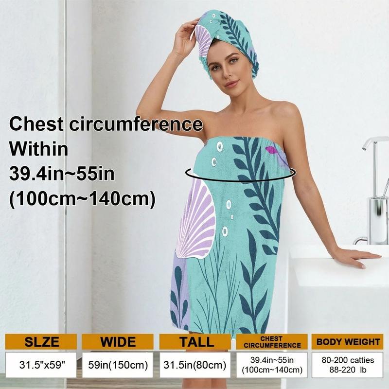 2pcTurquoise Strapless Towel Wrap for Women with Dark Blue Leaf Pattern and Matching Head Wrap Post-Bath Perfect for Spa, Pool, Beach, and Travel Adjustable Shower Wrap Towel with Home Hotel Bath Towel Nightgown for Sauna Beach Pool Gym Travel