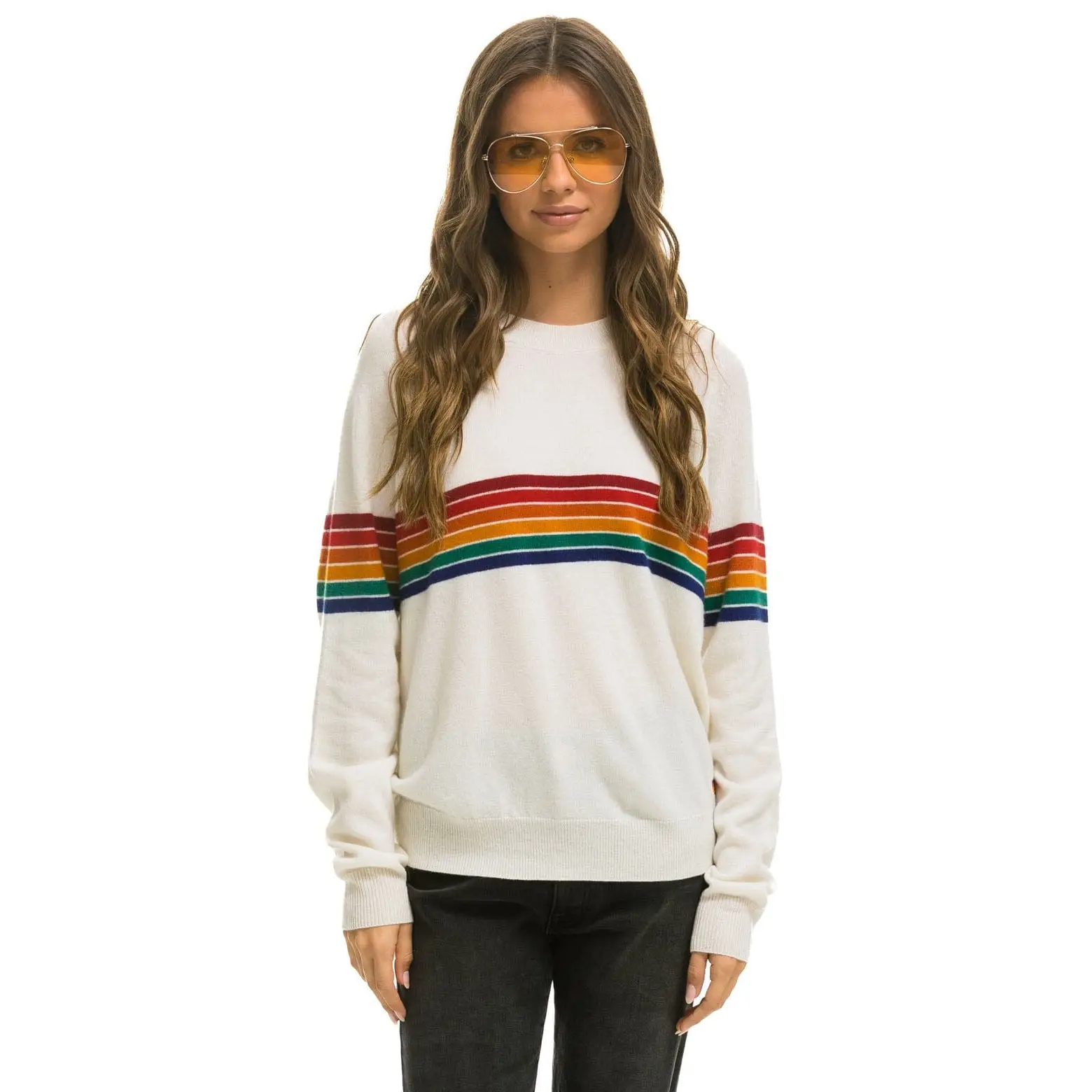 RAINBOW STRIPE 6 UNISEX LIGHT CASHMERE SWEATER - SNOW