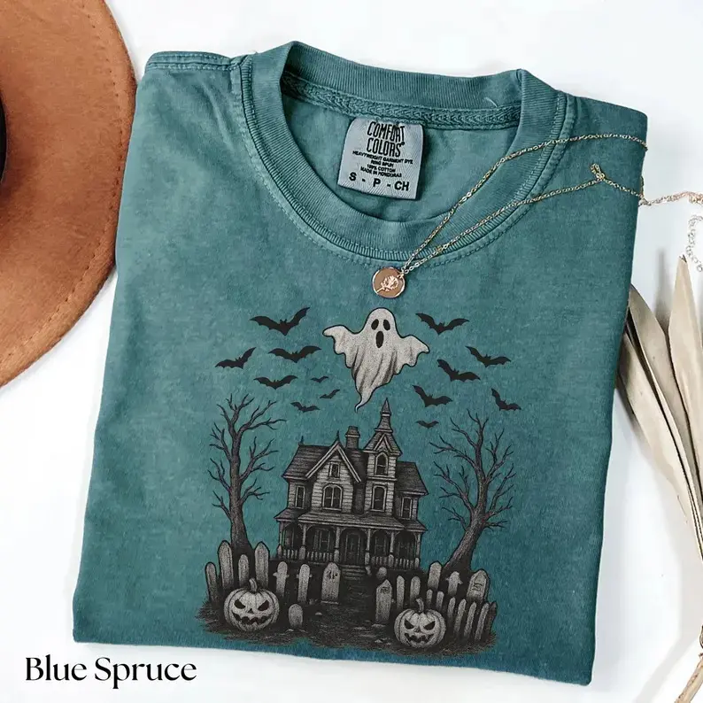Comfort Colors Vintage Haunted House Shirt, Summerween Shirt, Vintage Halloween Shirt, Bats Tee, Spooky Season