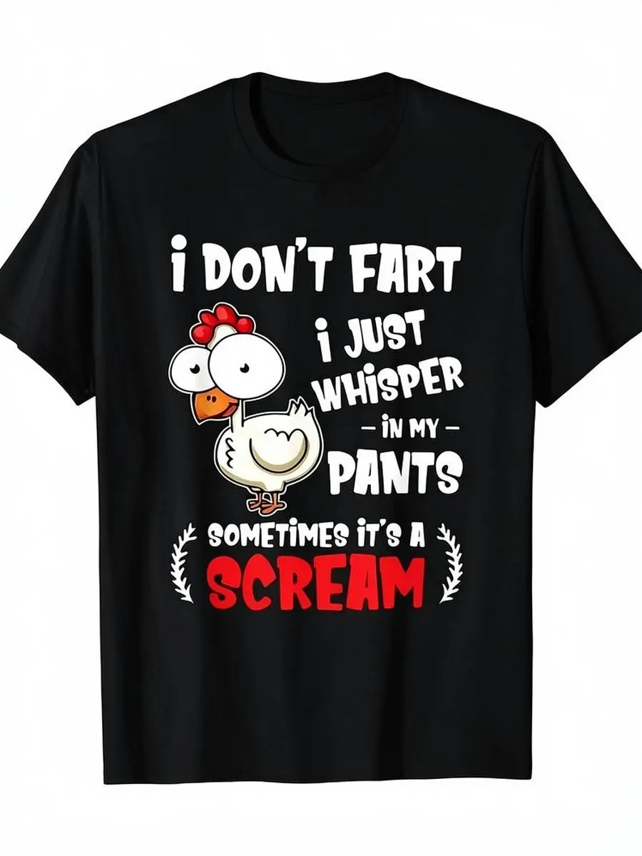 Funny Chicken Lover T-shirt-"I don't fart, I just whisper in my pants"-machine washable, black with cartoon cock print, vintage style, daily wear, for Couples, durable heavy cotton
