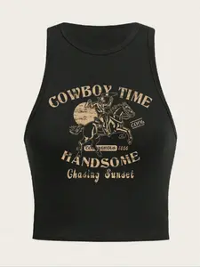Women's Western Cowboy Letter Print Summer Casual Round Neck Tight Fit Vest, Pop Art Style, Perfect for Halloween
