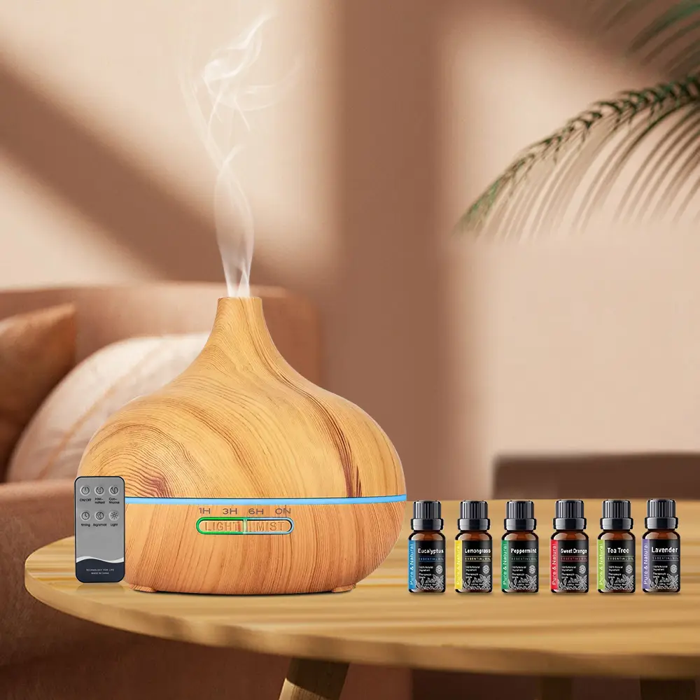 550ml Wood Grain Aroma Diffuser Humidifier with Remote Control, Timer, and 6 Oil Set, Cool Mist Waterless Fragrance Oil Diffuser for Large Room, Essen
