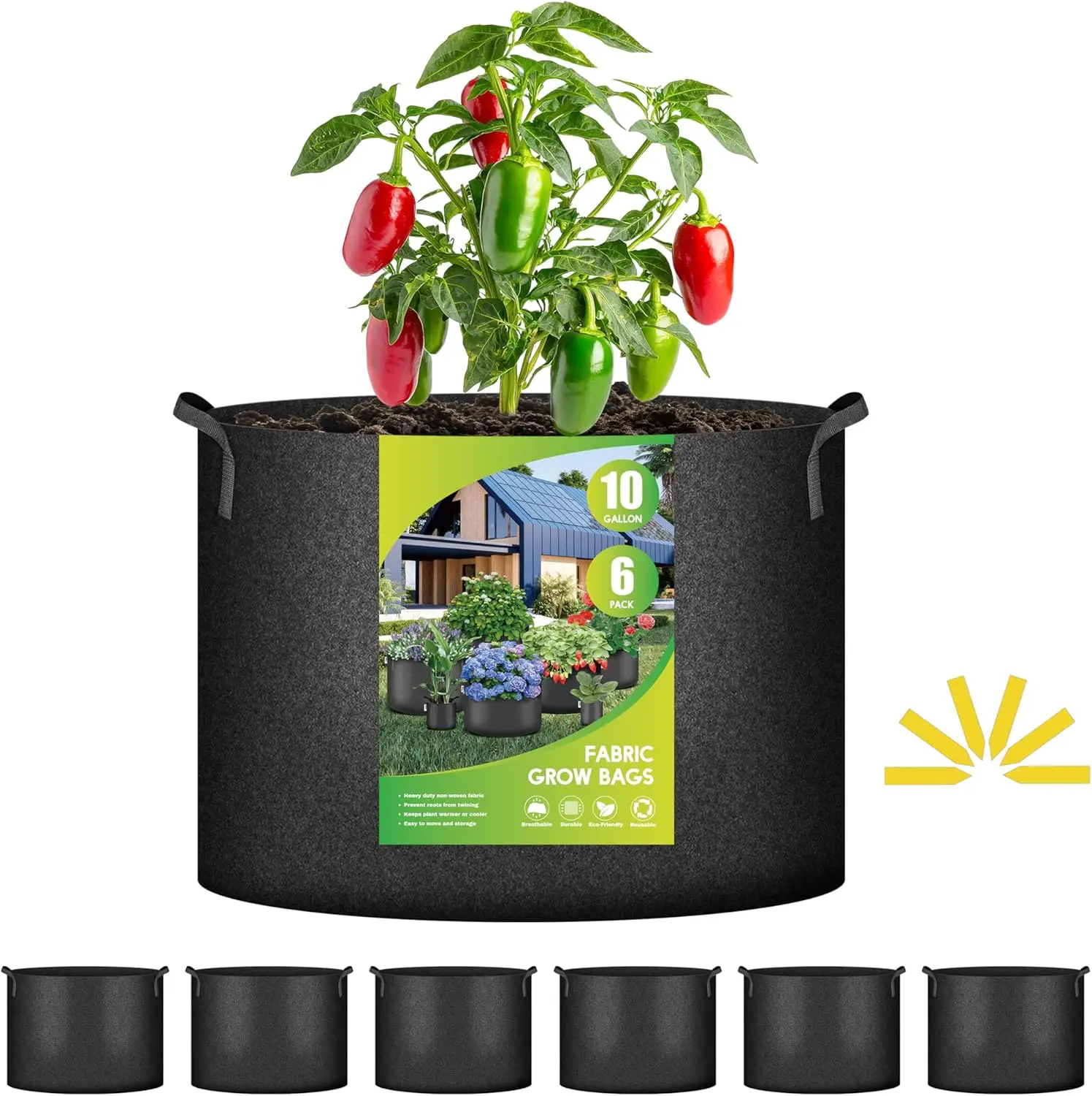 iPower 5-Pack Upgraded Grow Bags - Heavy-Duty Thickened Nonwoven Fabric, Versatile for Plants, Home Storage, Car, Laundry & Pets, 3/5/6/10 Gallon (202
