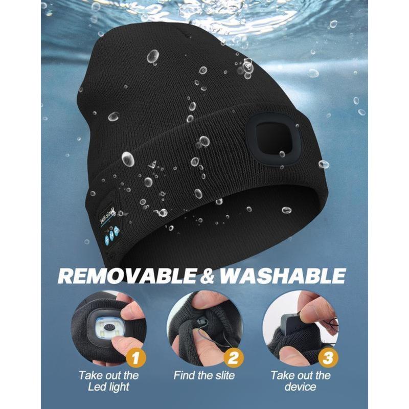 Bluetooth Beanie with a Light, Unisex USB Rechargeable 4 LED Fashlight Hat with Cordless Headphones, Unique Christmas Birthday Gifts for Men Him Husband Teen