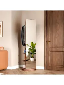 360°Rotating Multifunctional Full Length Mirror with Hook Storage Rack Coat Rack with Mirror Solid Wood Floor Mirror Bedroom Living Room Cloakroom Space Saving 69"x16"