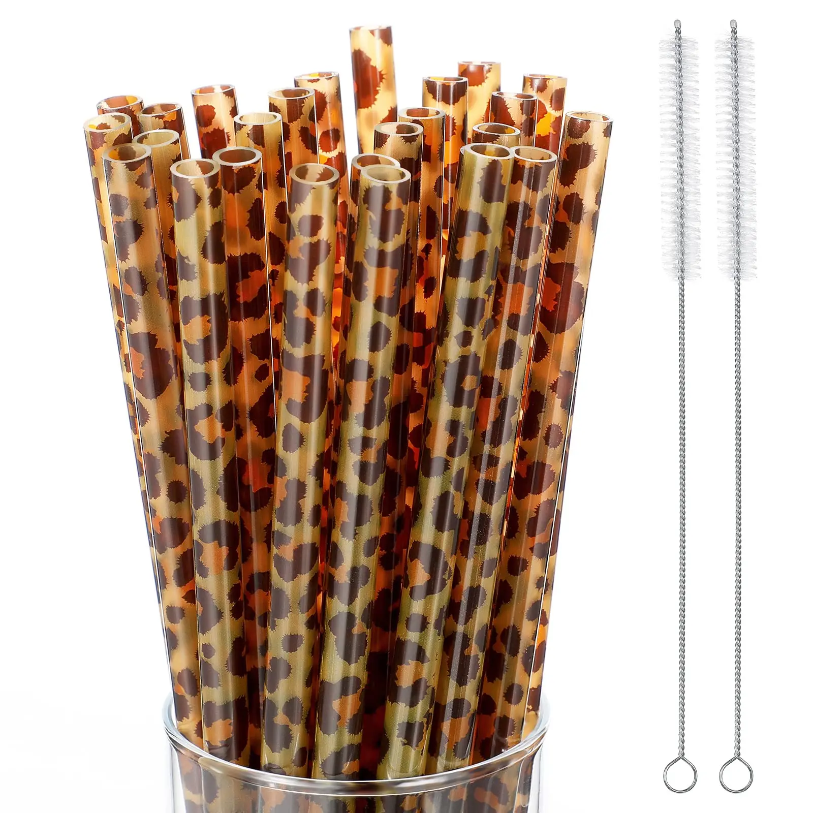 20Pcs Reusable Leopard Straws Bulk Plastic Cheetah Animal Straws and Cleaning Brush for Women Tumblers Drinking Safari Wild Birthday Party Favors(Brown)