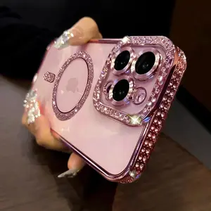 For 17 16 15 Pro Max Bling 2025 New Fashion Glitter Diamond Transparent Case iPhone 17 16 15 14 13 12 11 Pro Max Plus Magnetic Wireless Charge Bumper Cover