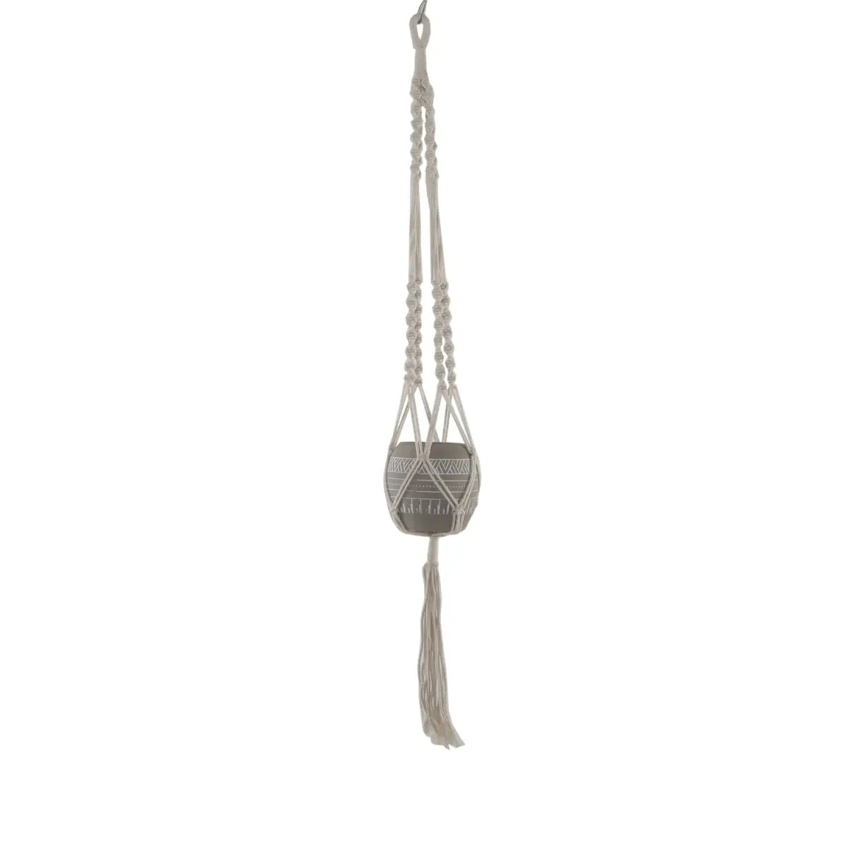 Flora Bunda CT1091E-GY Artisan-Handcrafted Hanging Macrame Rope Planter - 41" Long Single Unit, 41x6x5 in, 2.9 lb, Grey Aztec Ceramic Pot, Indoor Plant Decor Floating Oasis, No Drainage Hole