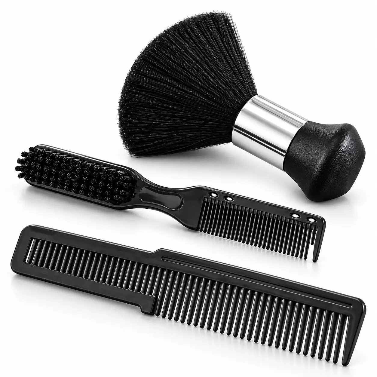 Fresh-Cut Finish 3-Piece Barber Grooming Set for Men, Neck Duster Brush, Hairline Edge Brush Comb & Dual-Tooth Styling Comb, Home Haircut Cleanup Kit