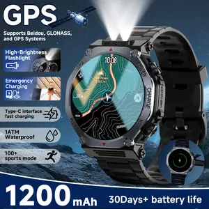 GPS smartwatch with 1200mAh large battery, 1.39-inch round 1ATM waterproof touchscreen, wireless calling, heart rate monitoring, 100+ sports modes, reverse charging, flashlight, weather forecast, alarm clock, pedometer, Android/iOS. summervibes