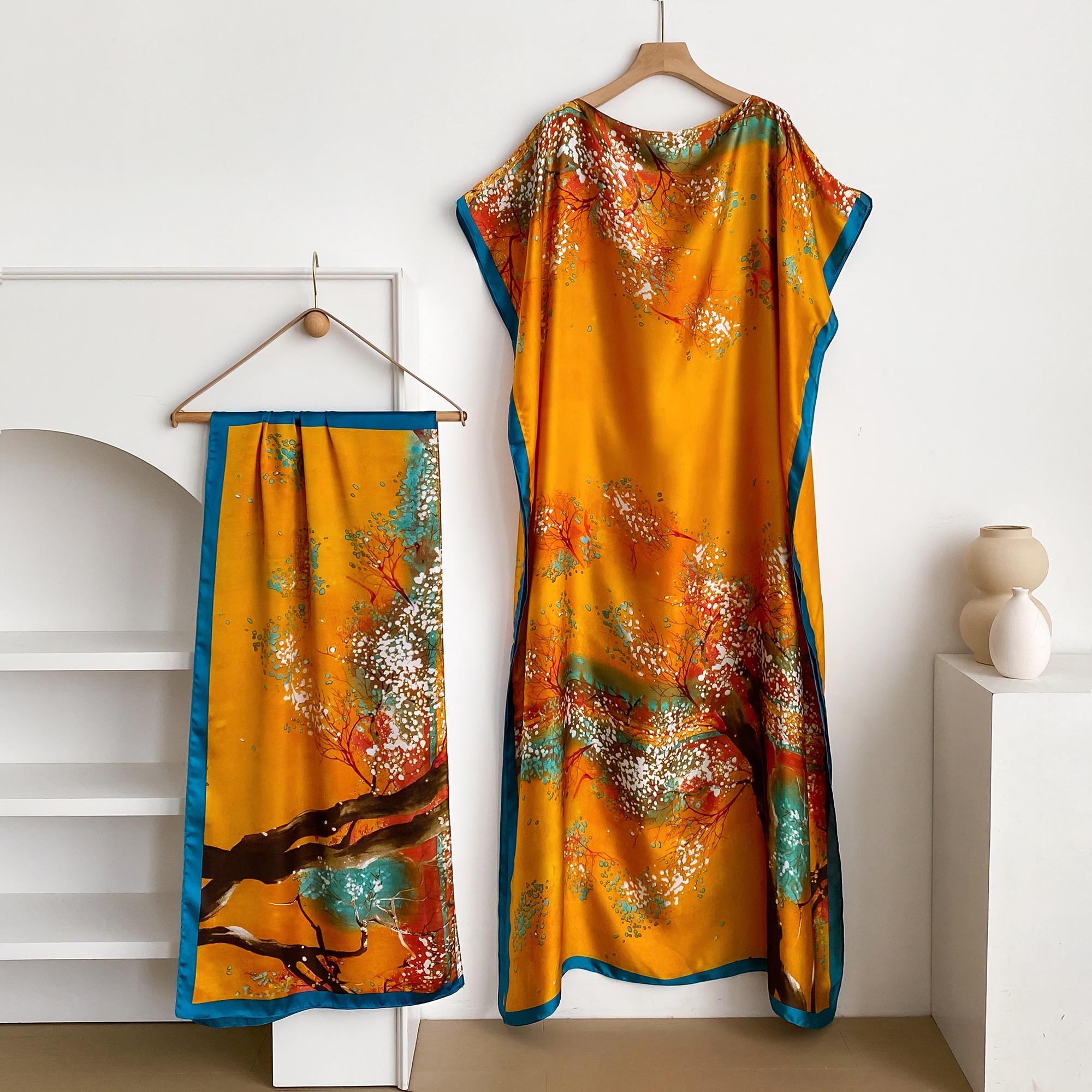 Women's Long Shawl Set Floral Print Robe Set with Shawl Collar Dress, Long Scarf Headband