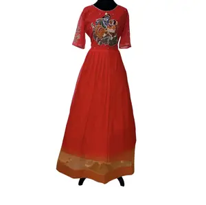 Red Ethnic Gown with Embroidery Elegant Traditional Dress Featuring Pearls Lord Krishna Artwork for Special Occasions