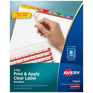 Avery 8 Tab Dividers for 3 Ring Binder, Easy Print & Apply Clear Label Strip, Index Maker Customizable Multicolor Tabs, 25 Sets (11424)