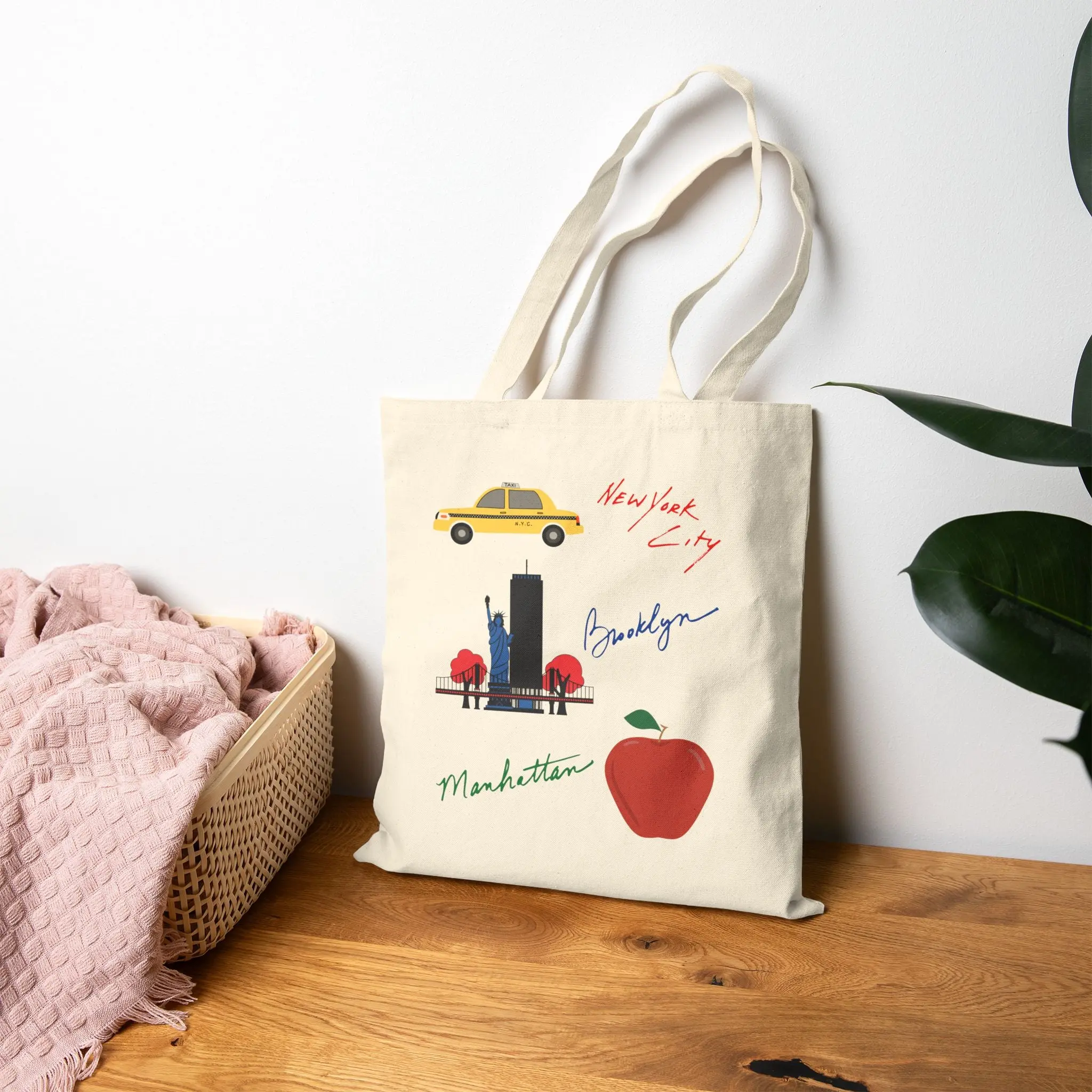 New York Icons Apple & Statue Tote Bag | Taxi Illustration Tote