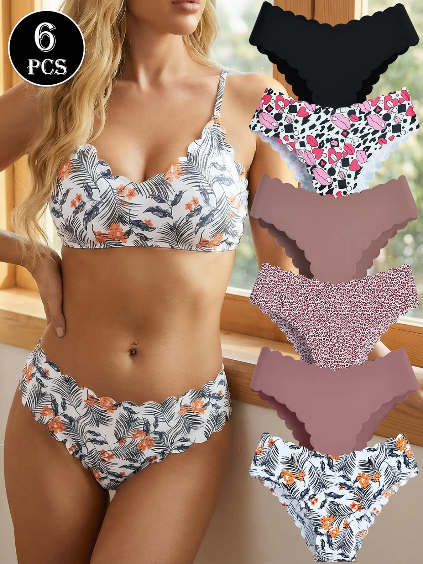 Women's Seamless Bikini Underwear Set, Soft Comfort Low Waist, Multi-Color Leopard Heart Lip Print, Breathable Skin-Friendly Fabric, Bikini Sets, Printed Bikini